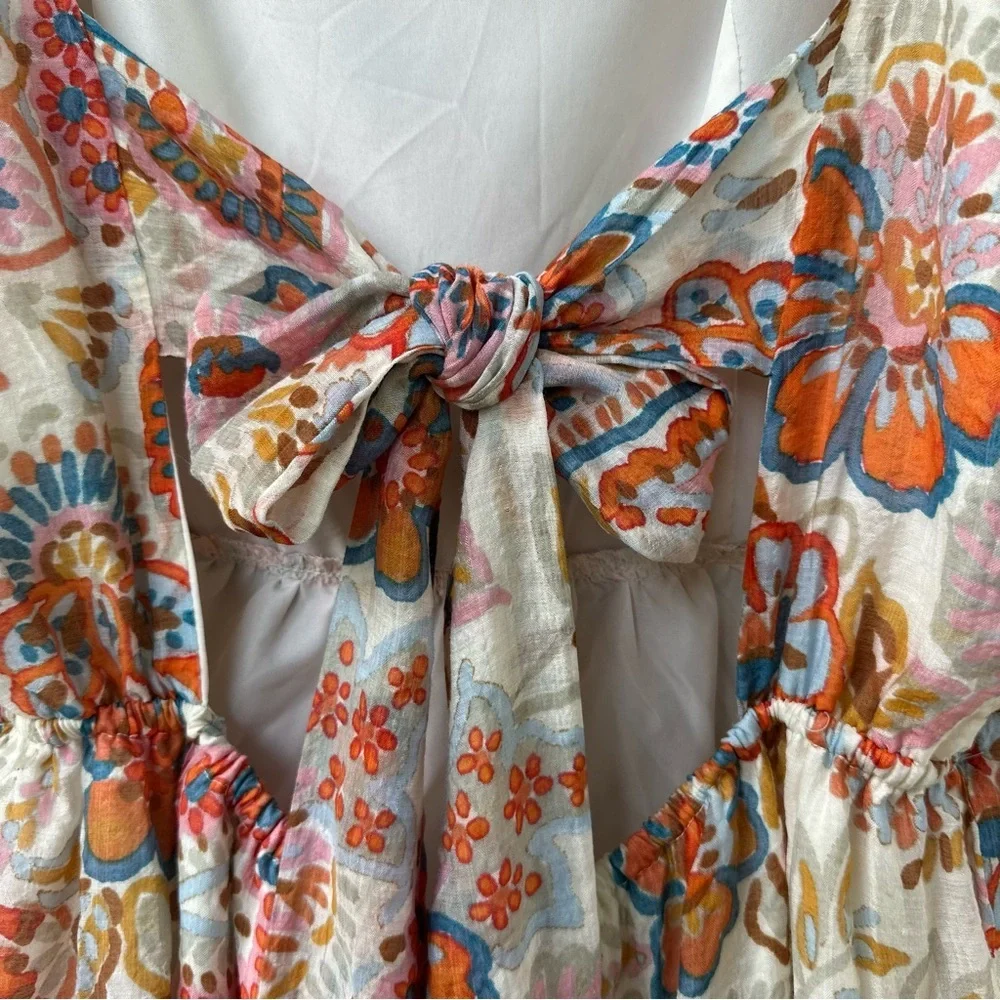 1. STATE Puff Sleeve Gauzy Boho Paisley Floral Tiered Mini Dress Tie Back L